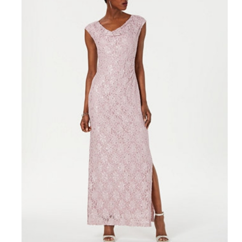 Connected Sequined Lace Cowl-Neck Gown